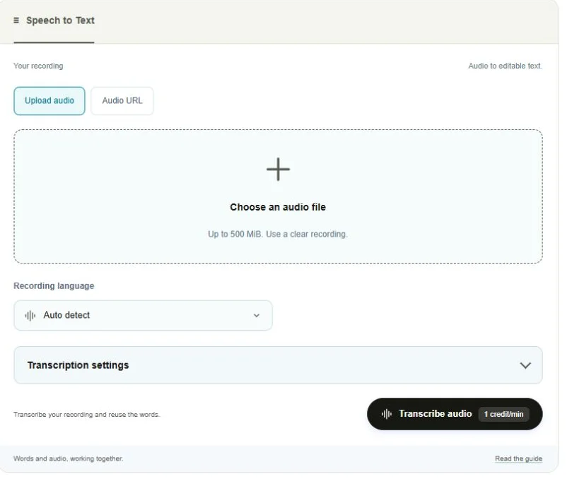 Transcription tool with upload area at the top, recording language and settings below, and the transcribe button at the bottom right